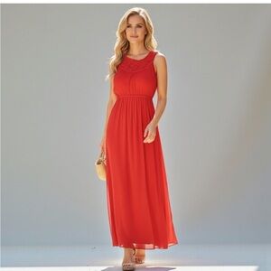 Sleeveless Red Maxi Dress with Crochet Yoke